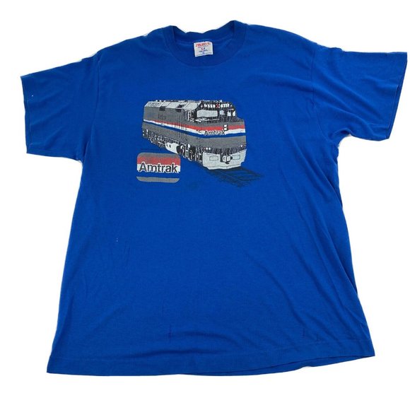 Vintage Amtrak Shirt Mens XL Blue 80s 1989 Engine Promo Train Transportation Tee